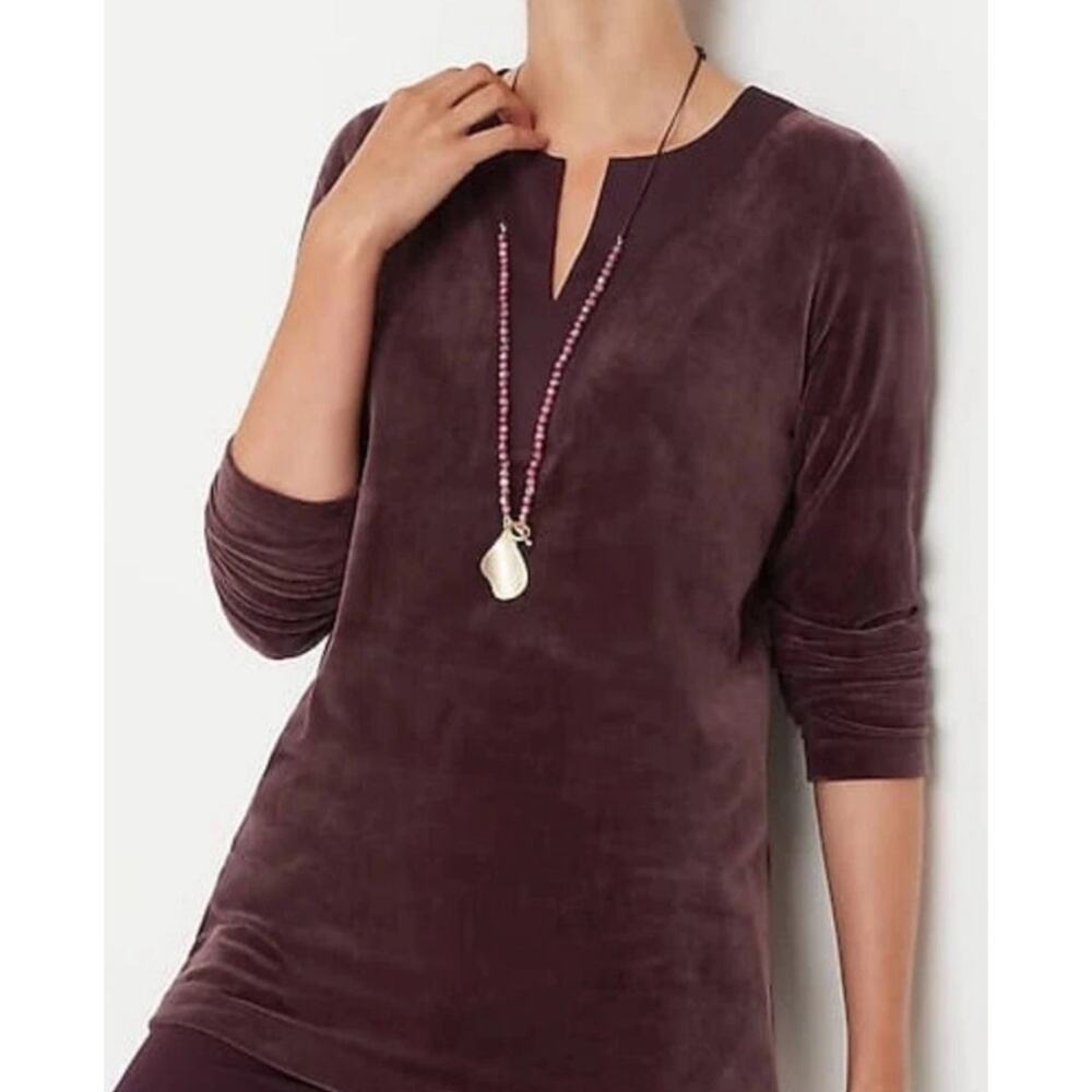 J Jill NEW Velour Tunic Satin Trimmed Womens XL Petite Stretch Pinot